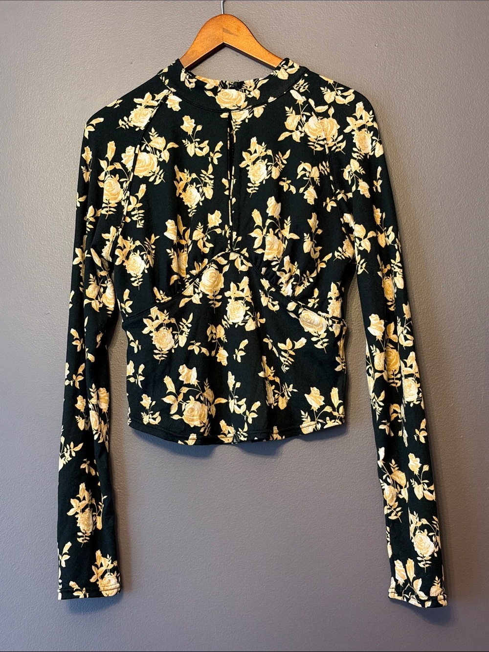 Free People Printed Party Black Floral Long-Sleeve Top with Yellow Rose Print M